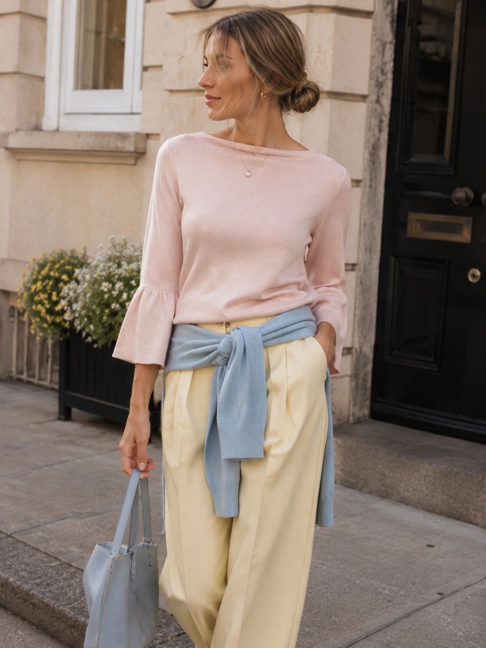 Ann Taylor Silk Blend Bell Sleeve Sweater XS Blush Pink Boat Neck Knit Top